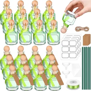 24 Pcs 50ml/1.7oz Empty Mini Tequila Shot Bottles with Cork Lids & Green Ribbon, Reusable Glass Bottles for Drinks, Weddings, Birthday Party Favors, DIY Crafts