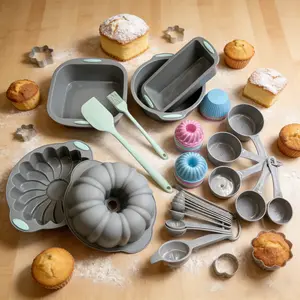 Small Capacity Baking Set for 2-3 People 60-Piece Mini Baking Pans Set Silicone Muffin Cups Scraper Brush & Measuring Spoons Perfect for Small Families Couples & Beginners First Baking Kit Space-Saving