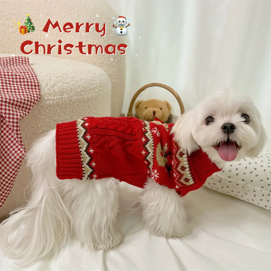 Small Dog & Cat Acrylic Christmas Sweaters - Gingerbread Man & Reindeer Designs, Red/Green Cozy Winter Pet Clothing, Wearable, Graphic, Winter Warmth, One-Piece