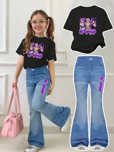 Girls' K-Pop Girl Group Style Set, Print Short Sleeve T-Shirt + Print Denim Gradient Bell Pants Two-Piece Set, Fashionable Kids, Trendy Everyday Wear