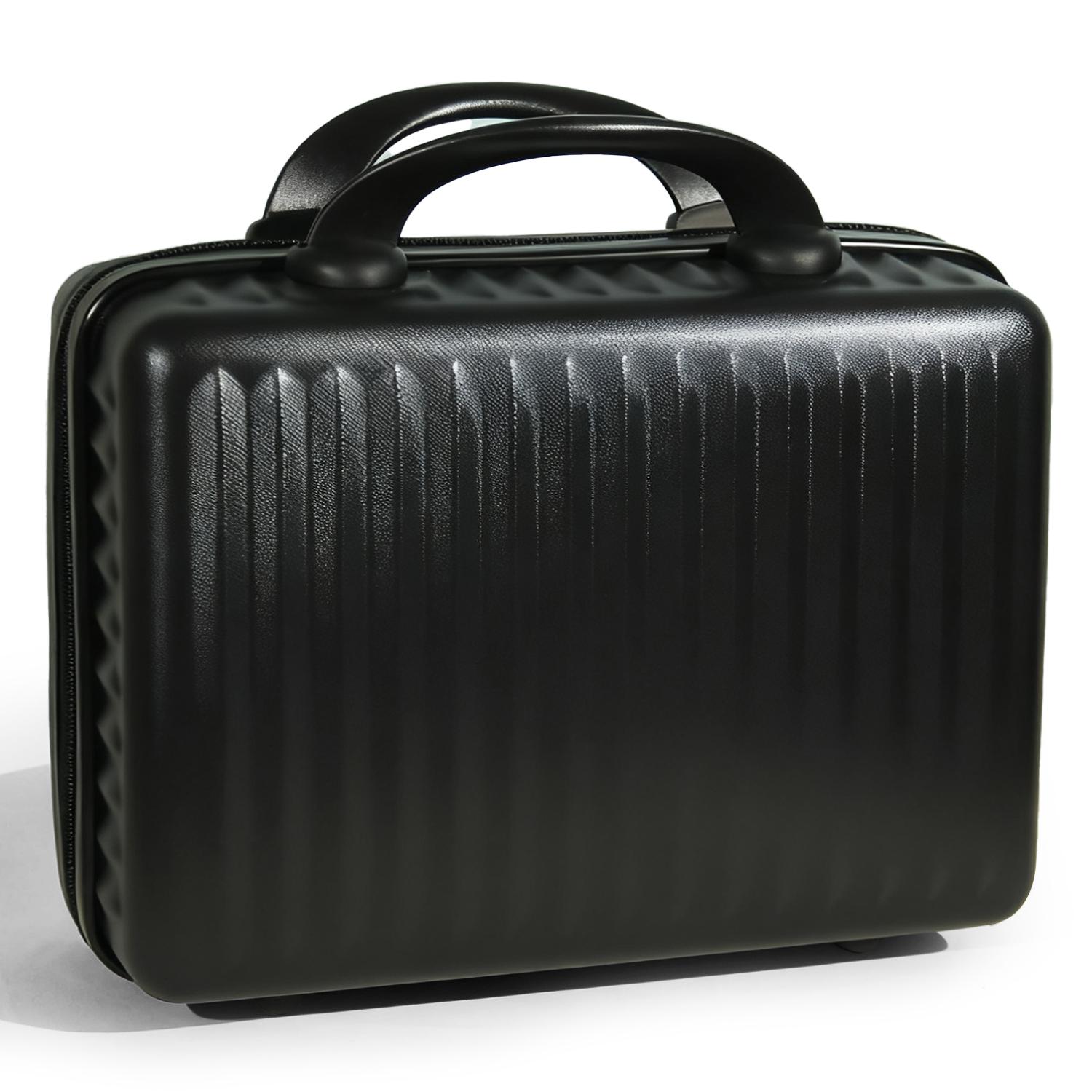 Black Vertical Stripe Hard Shell Makeup Case | Portable Mini Travel Cosmetic Organizer with Elastic Straps | Durable ABS Vanity Bag