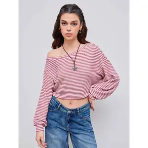 Women's Cotton-Blend Asymmetrical Neck Stripe Oversized Crop Sweatshirt - 2 Colors, Size 2-10