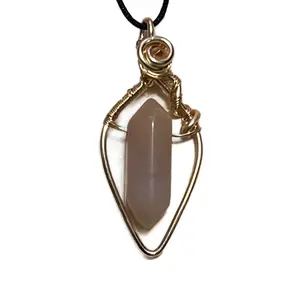 Agate Crystal Point Wire Wrapped Pendant Charm Gold Tone Copper Swirl Design Elegant Jewelry