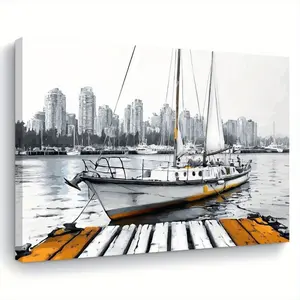 1 Piece Wooden Frame Canvas Painting - Sailboat on the Serene Water, Art Decor Style Wall Art, Vibrant Orange and Blue Tones, Hangable Home Decor Suitable for Living Room, Bedroom, Kitchen, Ocean Theme Decoration, Perfect Gift for Him or Her