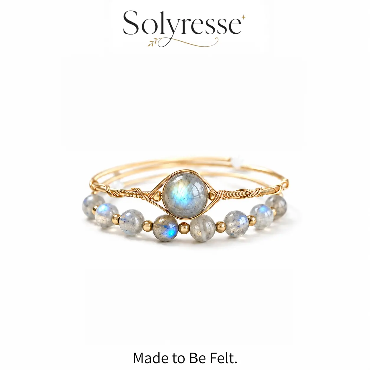Solyresse Women's Natural Moonstone 14K Gold Filled Wire Wrapped Bracelet, Boho Stackable Jewelry