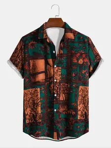 Men's Colorblock & Floral Patchwork Print Button Front Shirt, Regular Fit Boho Short Sleeve Collared Shirt for Summer, Boho Style Shirt, Men's Clothes for Beach Vacation Holiday Daily Wear, Casual Summer Shirt