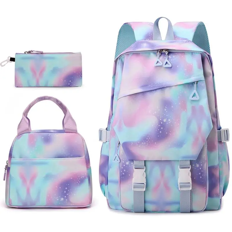 Dreamy Pastel 3-Piece Backpack Set, Laptop School Bag with Lunch Tote & Pouch, Cute Travel Daypack