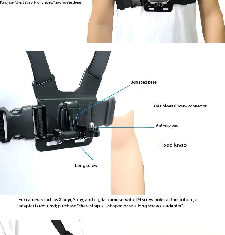 6-in-1 chest-mounted phone holder kit, suitable for sports and action cameras; adjustable strap; compatible with phones and Osmo action cameras; includes camera accessories and device mounts; hands-free first-person shooting; ideal for vlogging, cycling,