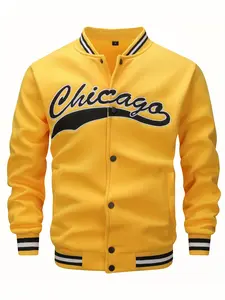 Chicago Men's Casual Yellow Baseball Jacket with Varsity Design & Button Front Embroidered Logo
