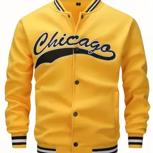 Chicago Men's Casual Yellow Baseball Jacket with Varsity Design & Button Front Embroidered Logo