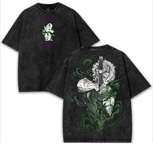 Men's Demon Slayer Kimetsu No Yaiba Shinazugawa Sanemi Wind Hashira v2 Graphic Tee, Seamless Breathable Classic Cotton Fabric, Double Printed Acid Washed Unisex Distressed Casual Streetwear Merch Top
