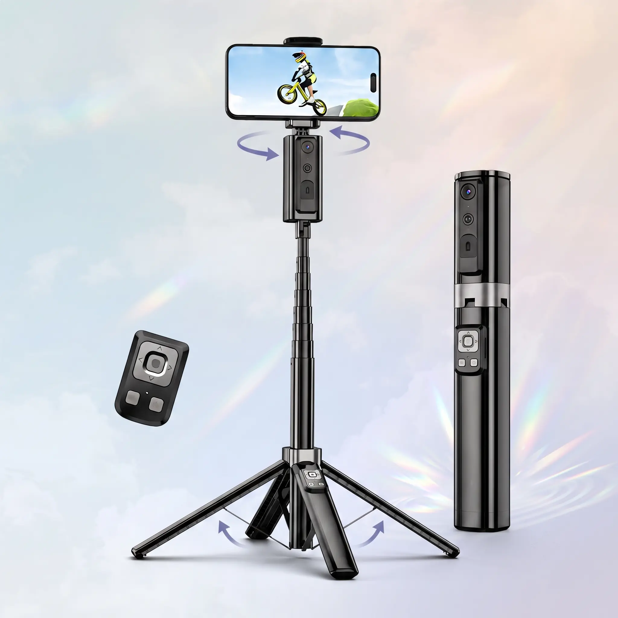 Summerwins 59" Extendable Selfie Stick Tripod with Rechargeable Detachable Wireless Remote, 360° Rotatable Portable Phone Tripod Stand, Stable Base Holder Compatible with iPhone Samsung Android Smartphone Travel Vlog Video Recording Tiktok