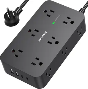 Power Strip Surge Protector with 12 Outlets 4 USB Ports(2 USB C), Black Flat Extension Cord 6 Feet, 1800J, Wall Mount, Desk Charging Station for Office Home College Dorm Room Essentials, ETL Listed