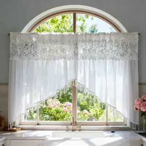 1PC White Sheer Kitchen Curtain Swag Beaded Hollowed-Out Lace Floral Valance 35 inches Length Door Panel Rod Pocket Voile Window Treatment Swag for Bathroom Dining Room W59 x L35 inch