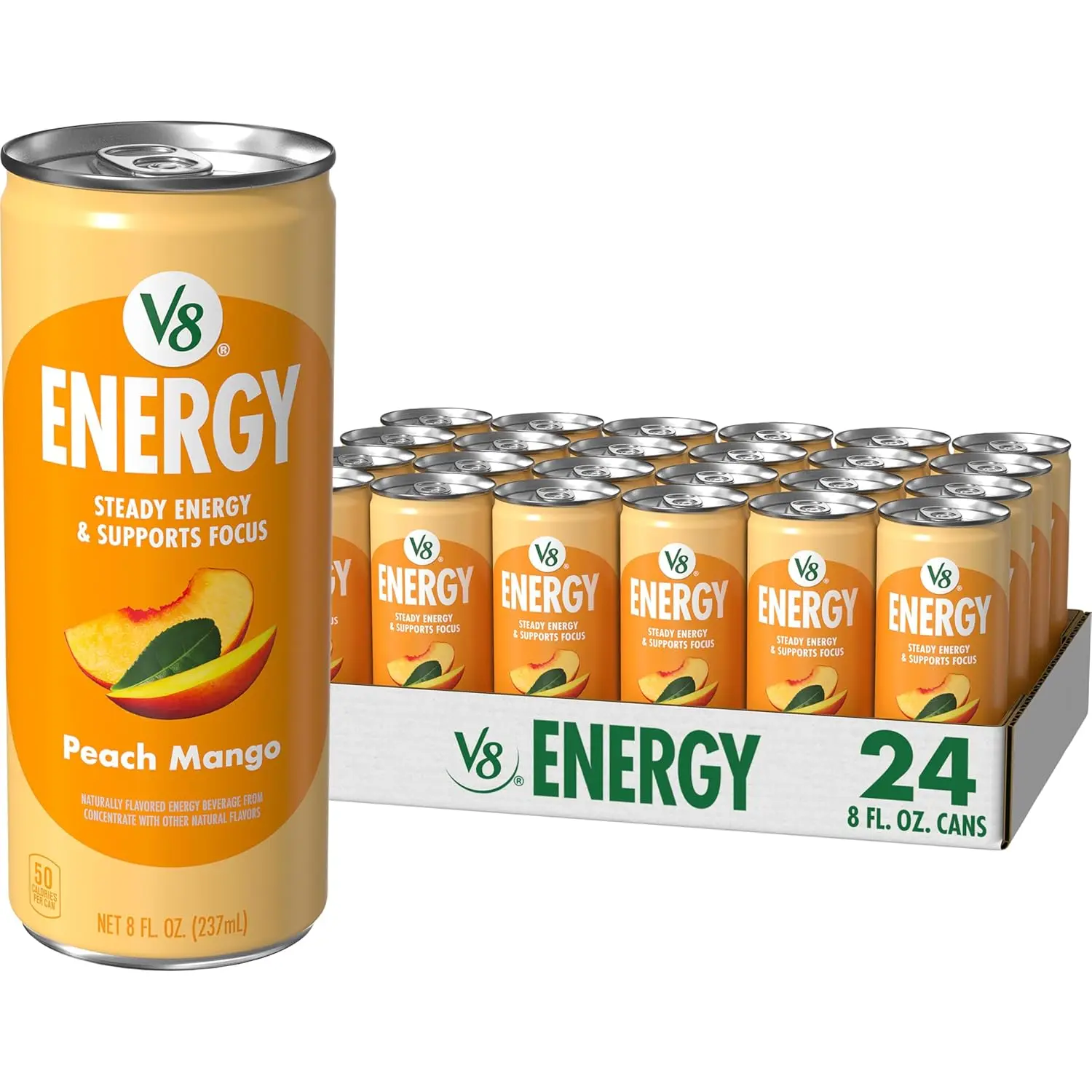 V8 Fruit Energy Beverage, Peach Mango Flavor, 8 fl oz Can (24 Pack)