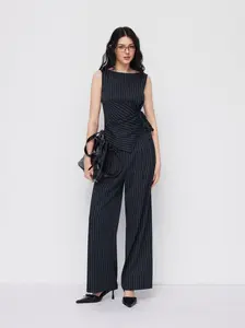 Cider Boat Neck Striped Wrap Knotted Top & Mid Rise Straight Leg Trousers Set