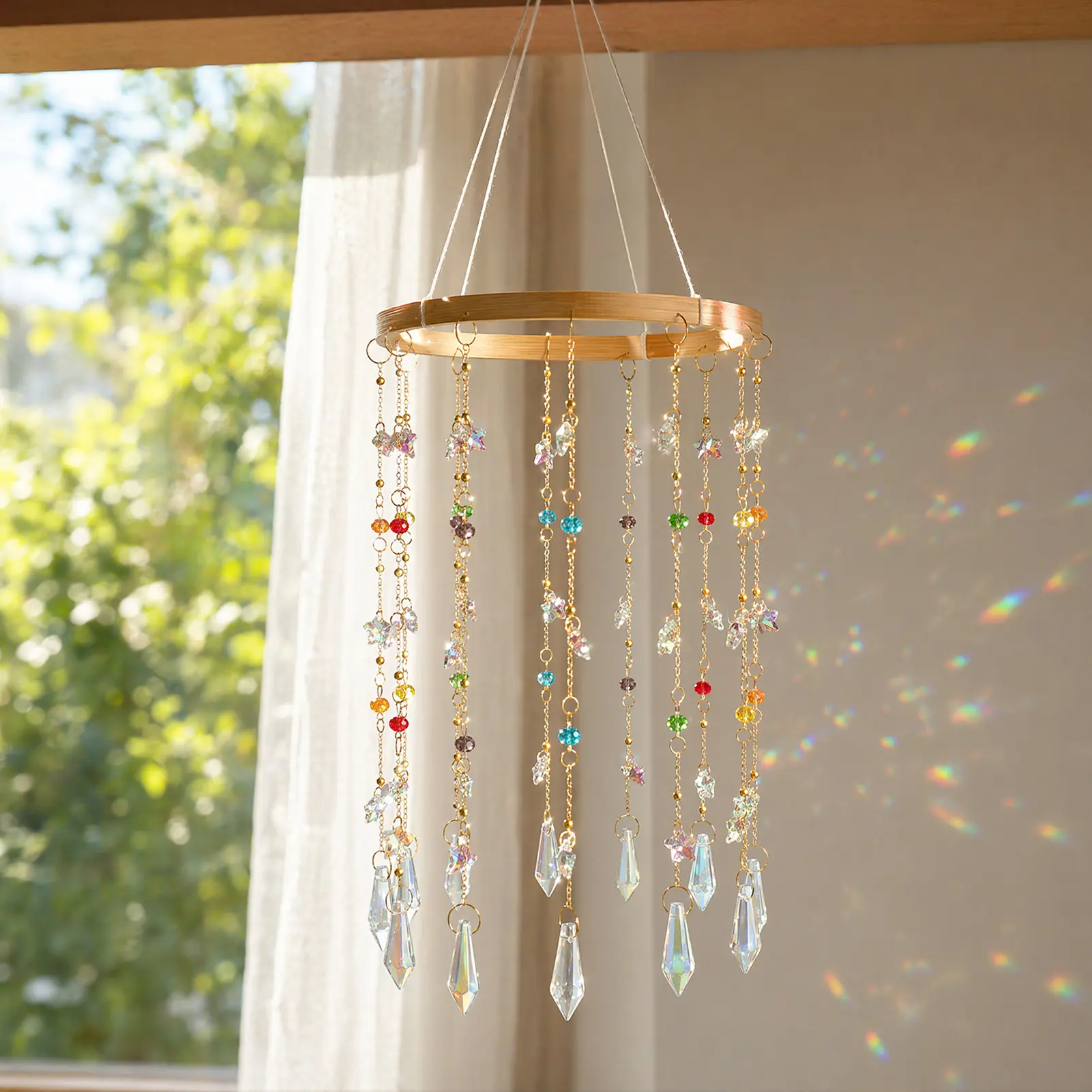 Crystal Sun Catcher, Window Suncatcher Hanging Wind Chime, 15cm wide Handmade Rainbow Maker Indoor Outdoor Decor for Window Bedroom Courtyard Garden, Bless Gift