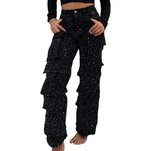 Women’s Rhinestone Casual Cargo Jeans High-Waisted Sparkly Y2K Baggy Wide-Leg Diamond Denim Pants Multi-Pocket