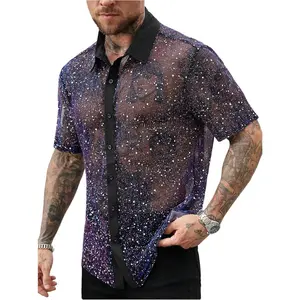 OYOANGLE Men's Sparkly Sequin Shirt Sheer Mesh Button Down Shirts Short Sleeve Party Club Glitter Tops