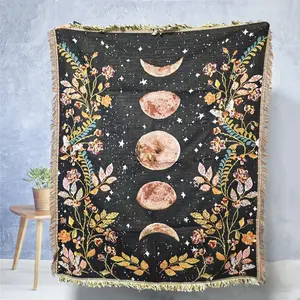 Moon & Flower Pattern Tapestry, 1 Count Bohemian Style Tassel Decor Throw Blanket, Soft Warm Napping Blanket for Home Sofa Bed Office, Durable Decorative Tapestry