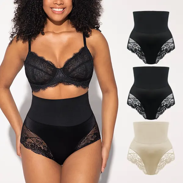LILYLOVE Women's High Elasticity Body Shaper Panties - Antibacterial Crotch Tummy Control Underwear - Seamless Lace Waist Cincher Briefs - Breathable Anti-Slip No Show Bodyshaper Knickers (3-Pack) body shaper panty seamless