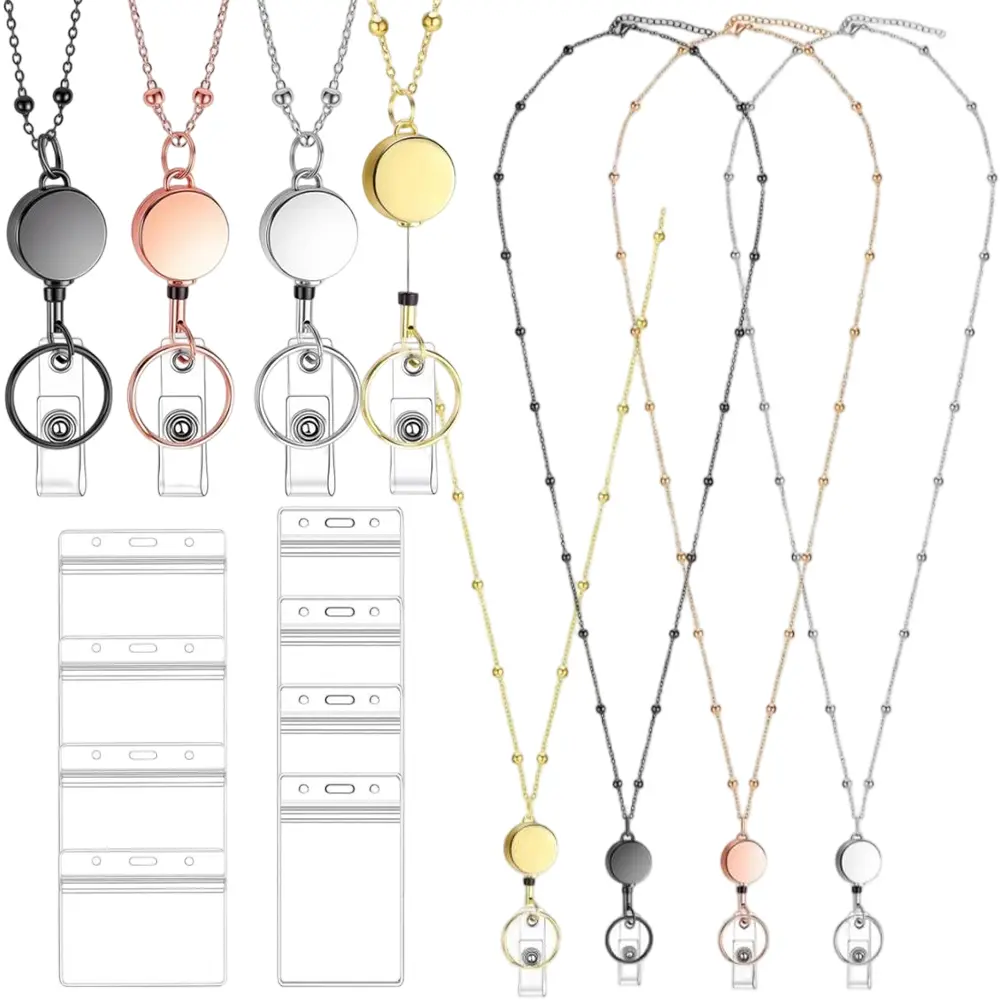 4 Packs Badge Lanyards with Retractable Reels and 8Pcs ID Holders Kit, Stainless Steel Beaded lanyards, Retractable Reel, Waterproof Vertical & Horizontal Holders