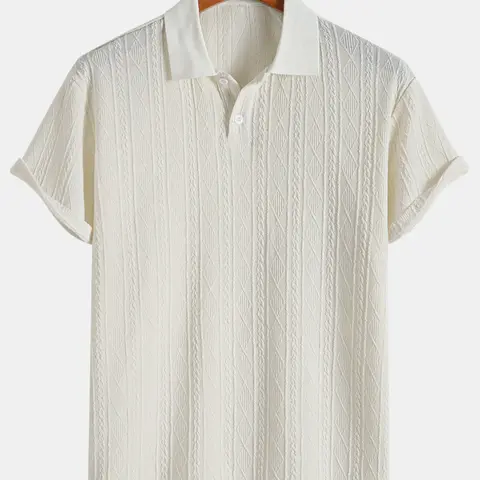 Men's Plain Textured Jacquard Knit Buttons Polo Shirt, Regular Fit Fitted Casual Short Sleeve Top for Summer, Classic Fashion Men's Clothes for Daily Wear, Menswear, Button Down Polo, Knitted Shirt, Buttoned Polo Shirt, Casual Polo Shirts