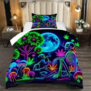 2/3pcs Psychedelic Fluorescent Skeleton Alien Comforter Set, Skull Fantasy Forest Full Moon Element Bedding Set, Pink, Blue, Soft and Dreamy Bedroom Decoration With Floral Elements, Including 1 or 2 Pillow Cases (No Pillow Insert), Bed Sheet Sets