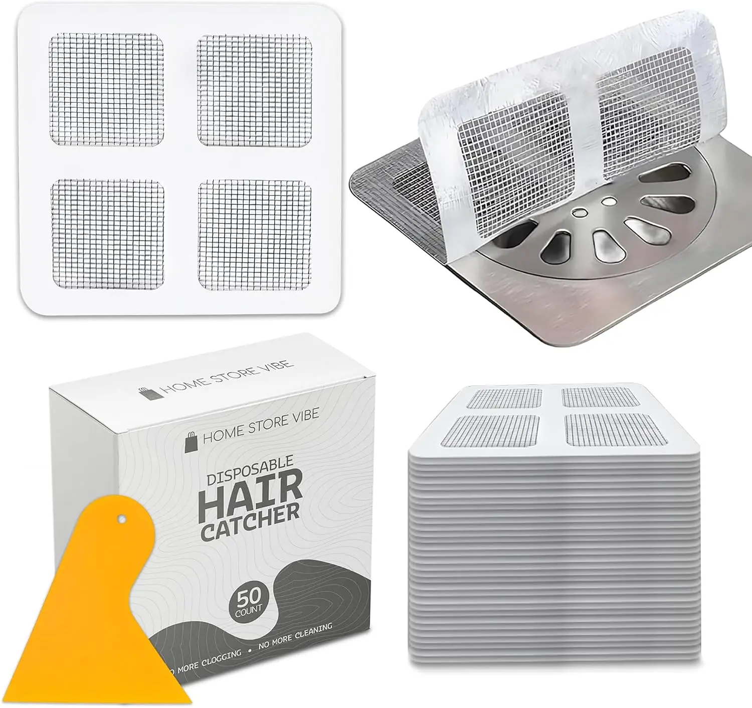 Disposable Drain Hair Catcher (50 Pack) with Scraper Tool – Mesh Stickers for Shower, Bathtub, Kitchen Sink & Laundry Home Store Vibe