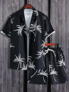 Men's summer coconut tree print set, short-sleeved shirt   casual shorts, fresh holiday style, loose and comfortable daily outfit