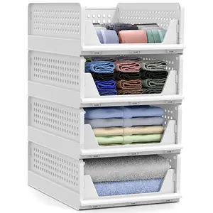 Sorbus Stackable Shelf Organizer - Set of 4 Medium Baskets for Closet, Bathroom, Kitchen, Garage-White Bin Laundry