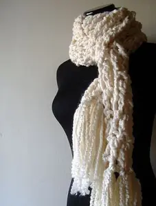 Cream Handmade Chunky Crochet Scarf with Fringe