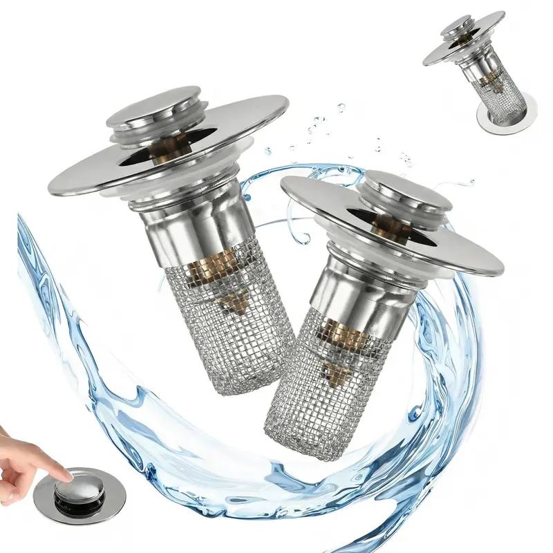 2-Pack Glam ABS Material Bathroom Drain Stopper - US Standard Chrome Finish, Clog-Proof with Copper Material Core Anti-Blocking Basket, Plastic Hair Strainer, Removable for 1.06-1.50in Drains, Perfect Compatibility, Durable Sink Accessory