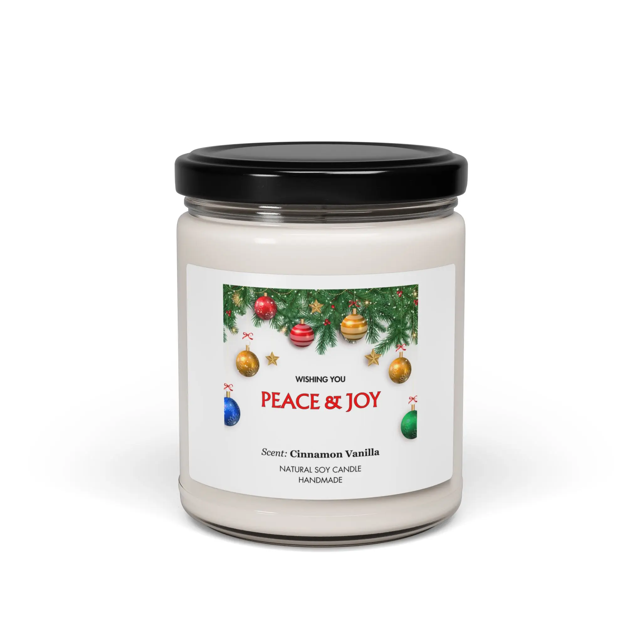 Peace & Joy Holiday Ornaments Candle, Cinnamon Vanilla Soy Candle, Christmas Scented Candle 9oz, Cozy Winter Home Fragrance Gift