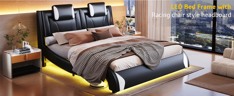 AMERLIFE Bed Frame with LED Lights, Remote&APP Control, Modern Faux Leather Upholstered Platform Bed with Headboard, Wave Like Curve Design, Safety&Comfy, No Box Spring Needed/Luxury Furniture/Full/Queen Size/Best Gift Ideas/Christmas Gifts