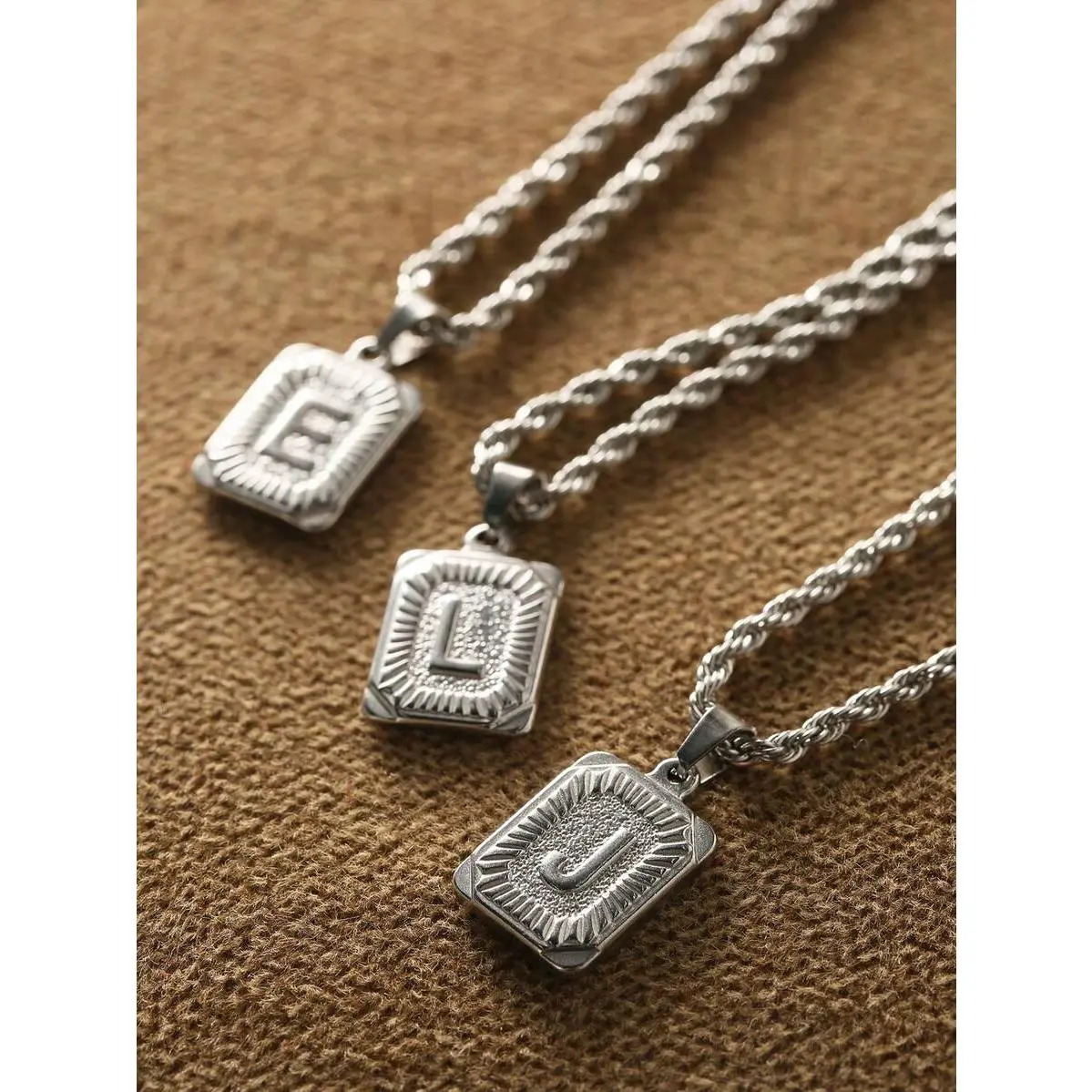 Men's Custom Letters Initial Necklace - Stainless Steel Square Tag Pendant with A-Z Embossed Letters, Golden Rope Chain, Hip-Hop Neckpiece, Daily Wear Anniversary Jewelry Gift (Note: Choking Hazard Small Parts), Custom Letters Necklace