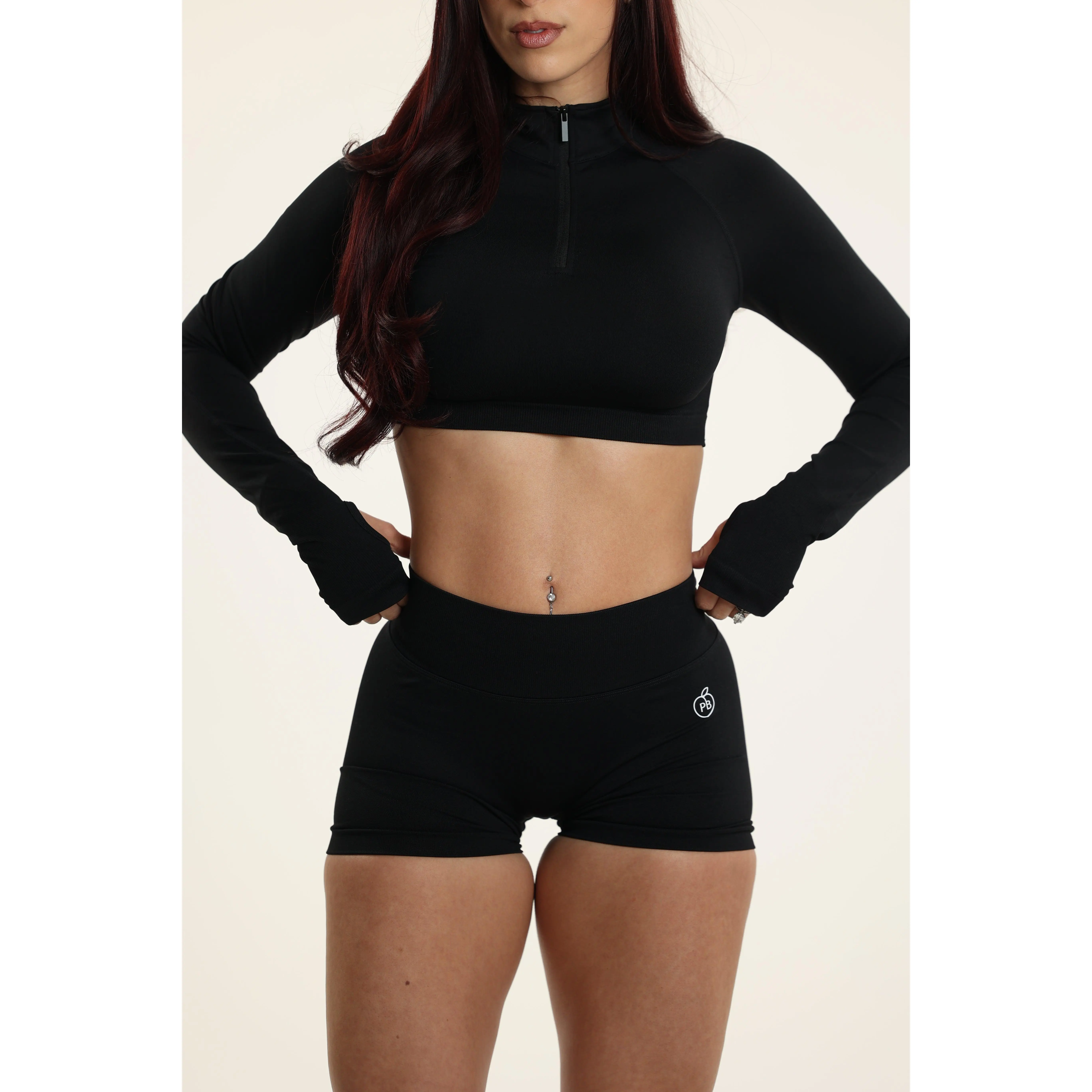 Female Plain Zip-Neck Long-Sleeve Crop Top, Workout Wear Sports Crop Top