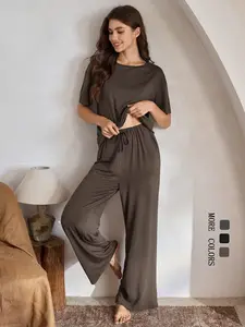 Women's Casual Loose Fit Short Sleeve Top + Wide Leg Pants Set, Round Neck Drawstring Pants, Sporty Outdoor Wear, Plain Design