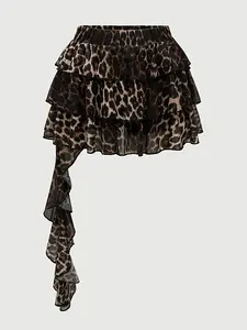 Punk Y2K Harajuku Leopard Print Layered Asymmetrical Hem Women's Short Skirt, Ruffle Trim Skirt, Fashionable Streetwear for Spring & Fall Seasons