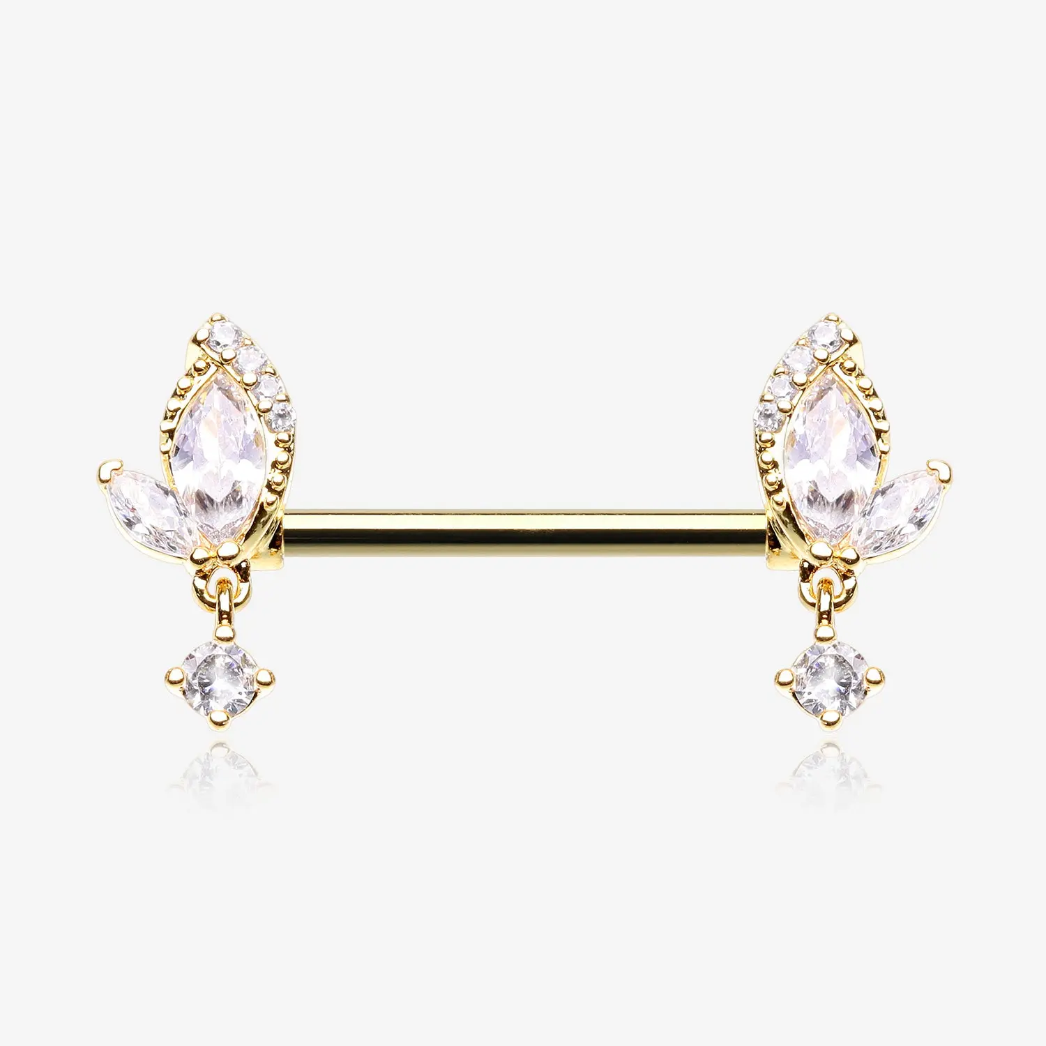 A Pair of Golden Elegant Marquise Leaflet Dangle Sparkle Nipple Barbell