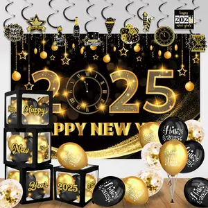 Happy New Year Decorations 2025, Happy New Year Decorations Includes New Years Backdrop, Banner, Latex Balloons, Happy New Year Box and Sticker, New Years Eve Party Decorations Supplies