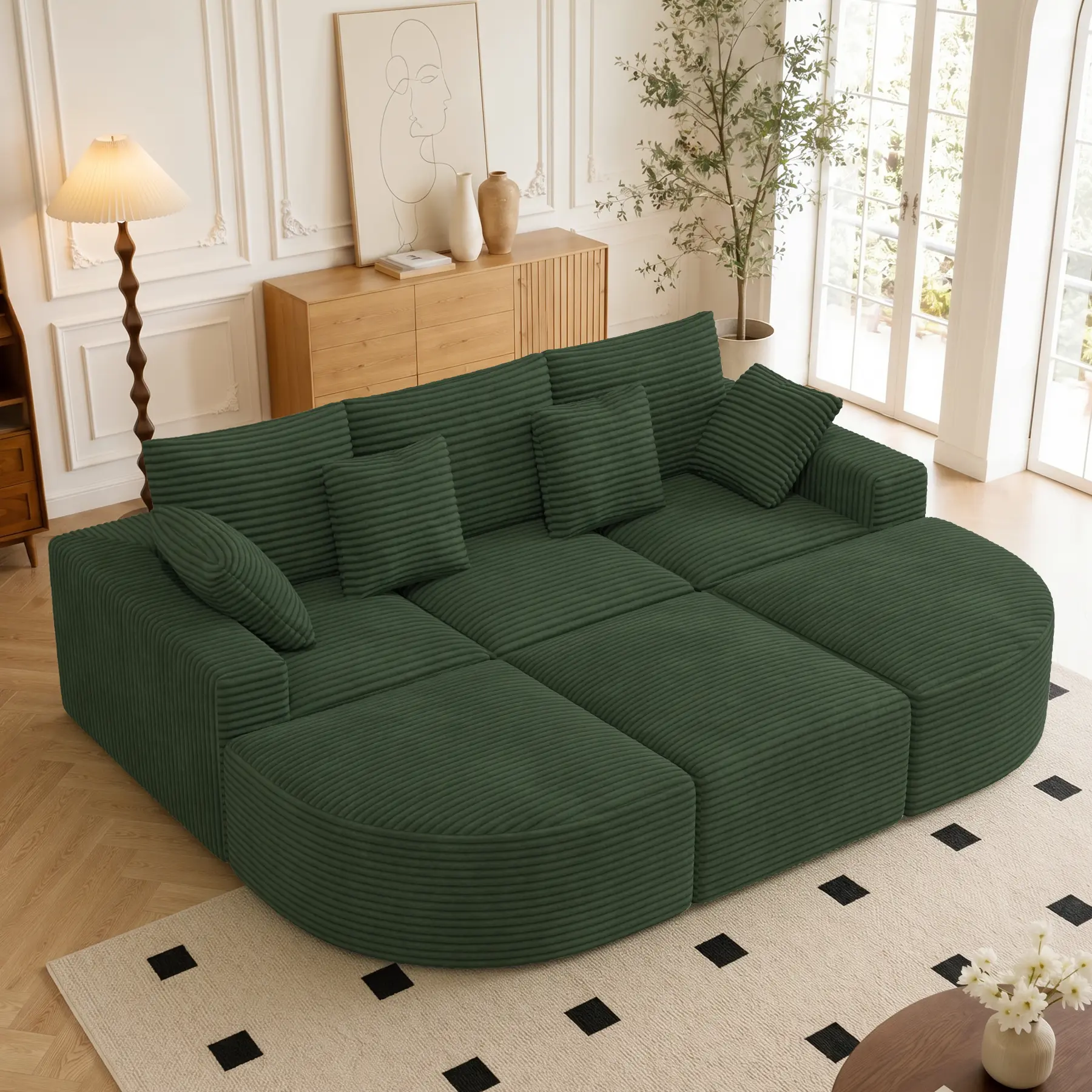120" Oversized Round Sofa Bed, Modular Sectional Cloud Couches for Living Room, Convertible Corduroy Boneless Couch Sleeper Sofa Set, No Assembly Required, Green 1 PCS