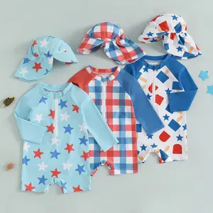Toddler Boy 4th of July Swimsuit Popsicle/Star/Plaid Print Rashguard Sun Protection  Zipper Bathing Suit