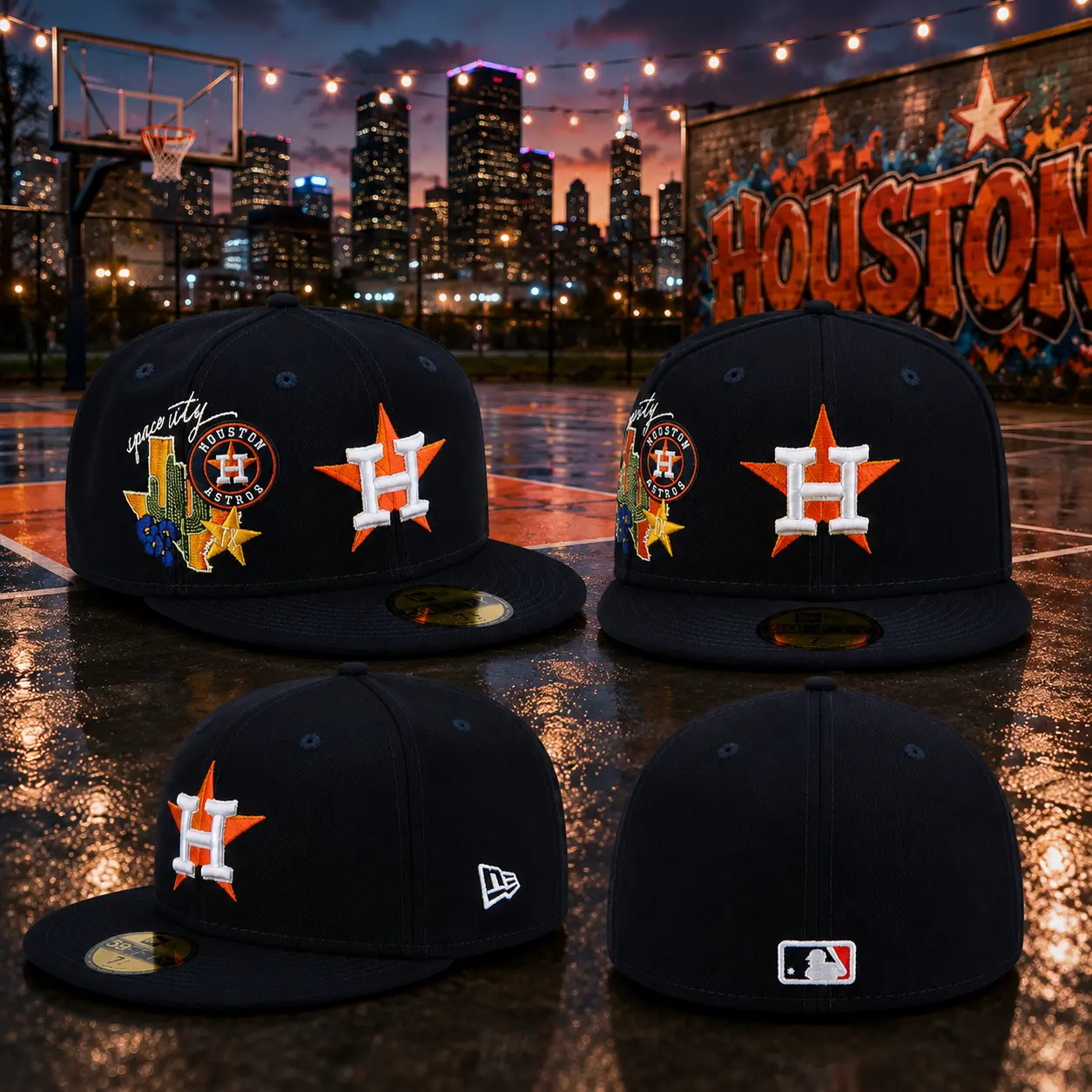 Houston Astros Space City New Era 59FIFTY Fitted Hat – Black Flat Brim Cap with Embroidered Texas Side Patch, Premium Baseball Streetwear