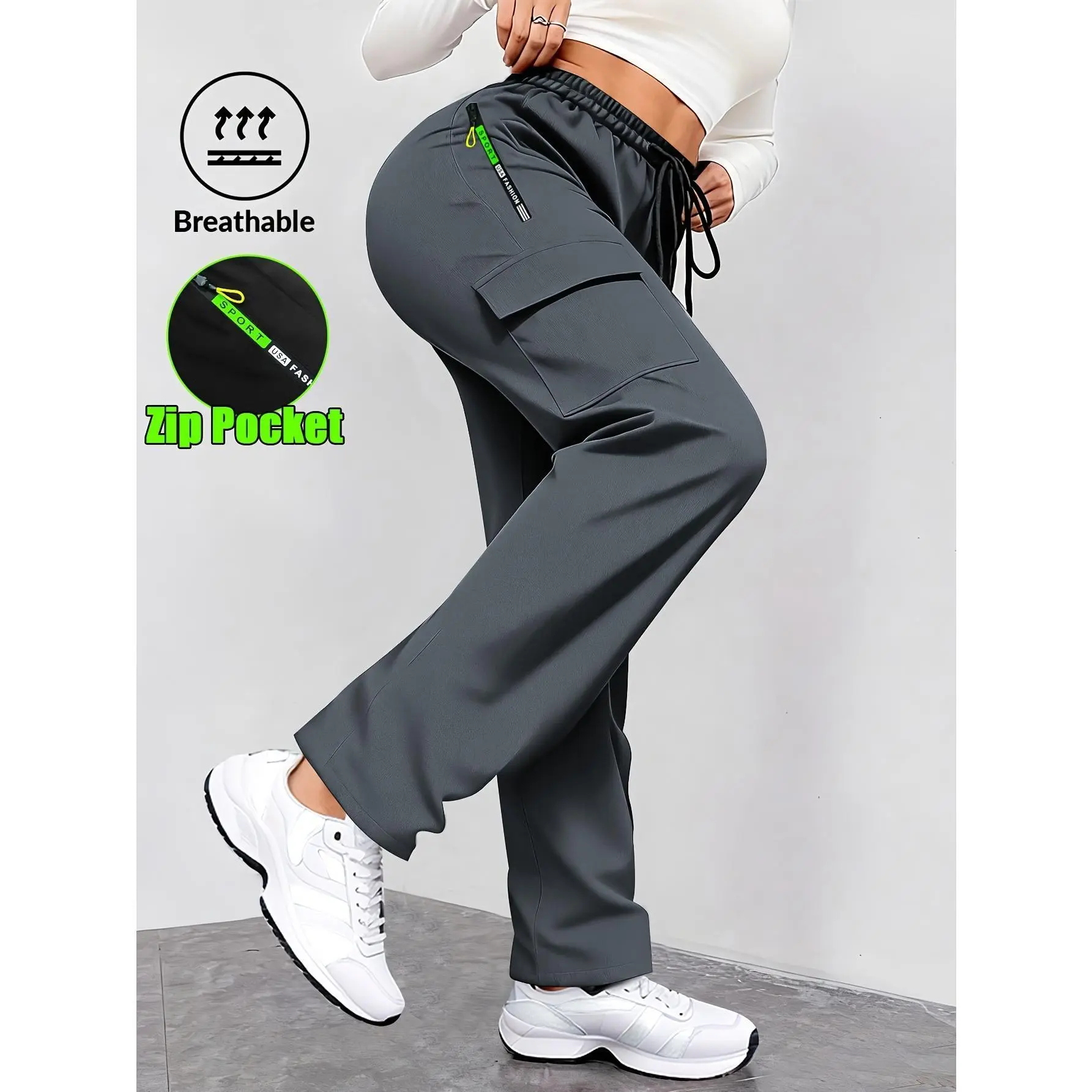 Women's lightweight zipper pocket work pants - high waisted drawstring straight leg jogging pants, suitable for exercise, running, travel, and daily wear, tight sports pants, sports casual clothing, comfortable elastic waistband drawstring pants