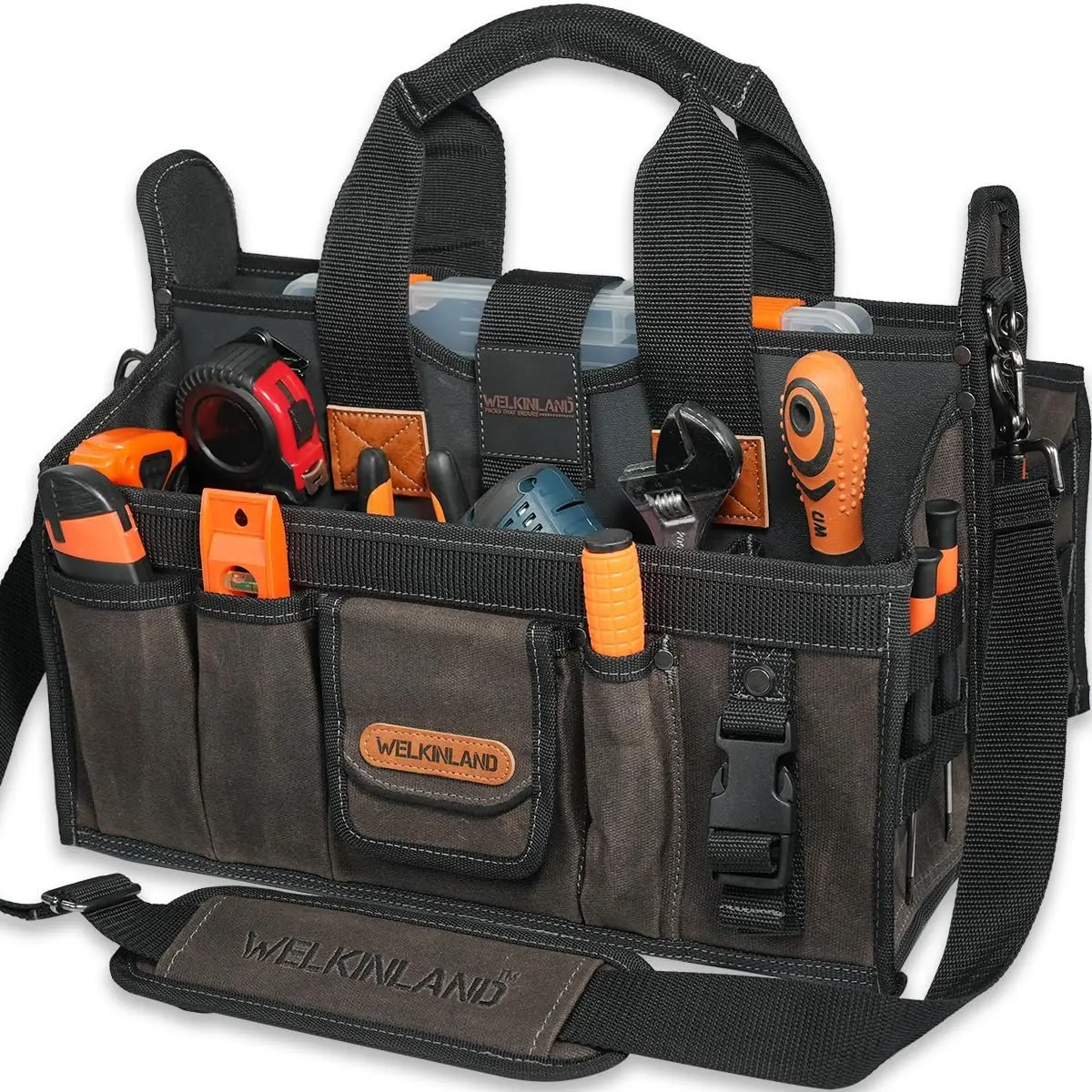 20-Pockets Electrician Tool Tote, 16"-Wide Open Top Tool Tote, Waxed-Canvas Electrical Tools Bag, Heavy-Duty Tool Bags For HVAC Tech, Stay-Up Technician Tool Bag