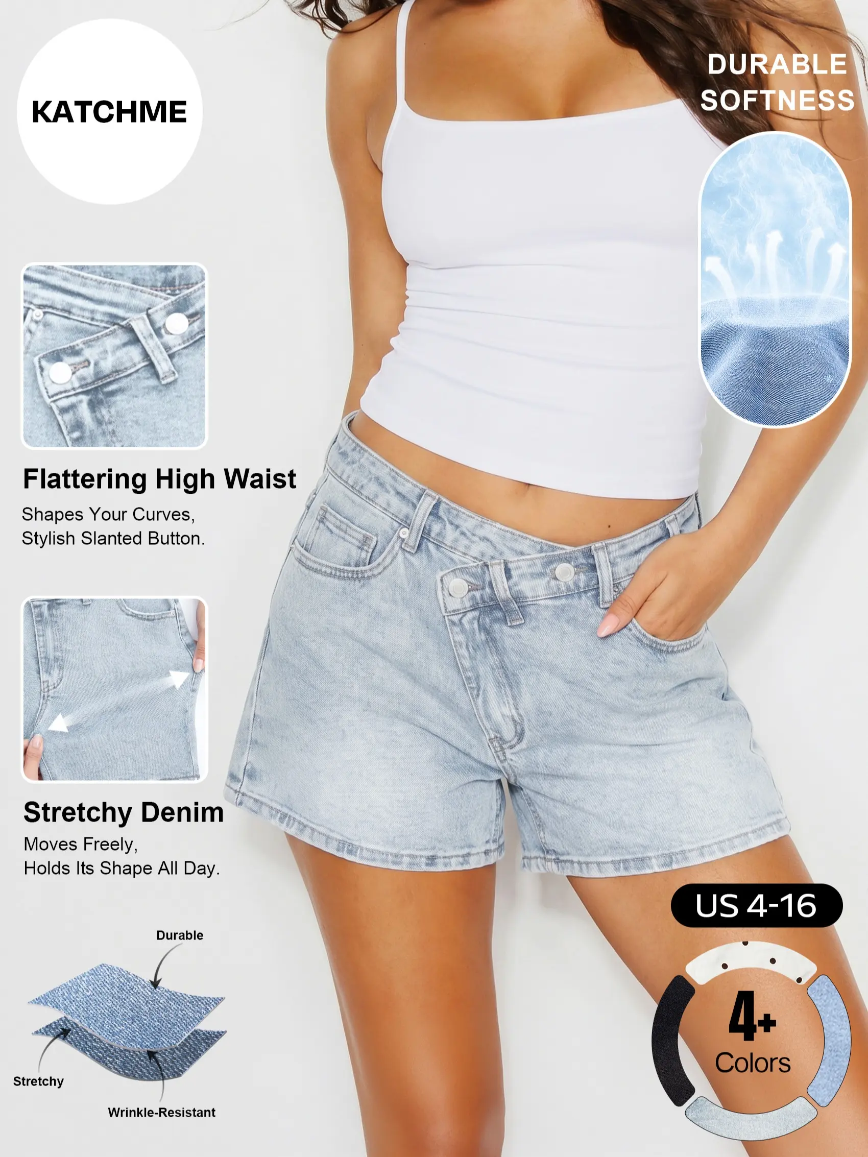 Katch Me Chic Women's Versatile High Waist Slanted Button Flexible Stretch Denim Shorts, Street Style Wrinkle-Resistant Durable Bottom, Summer Casual Lightweight Daily Jeans #TikTokMadeMeBuyIt #SummerEssentials #DenimOutfit #HighWaistedShorts #StreetStyle