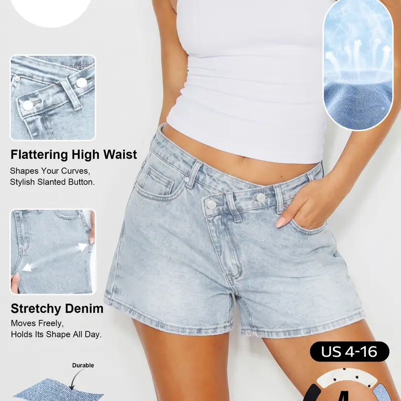 Katch Me Chic Women's Versatile High Waist Slanted Button Flexible Stretch Denim Shorts, Street Style Wrinkle-Resistant Durable Bottom, Summer Casual Lightweight Daily Jeans #TikTokMadeMeBuyIt #SummerEssentials #DenimOutfit #HighWaistedShorts #StreetStyle