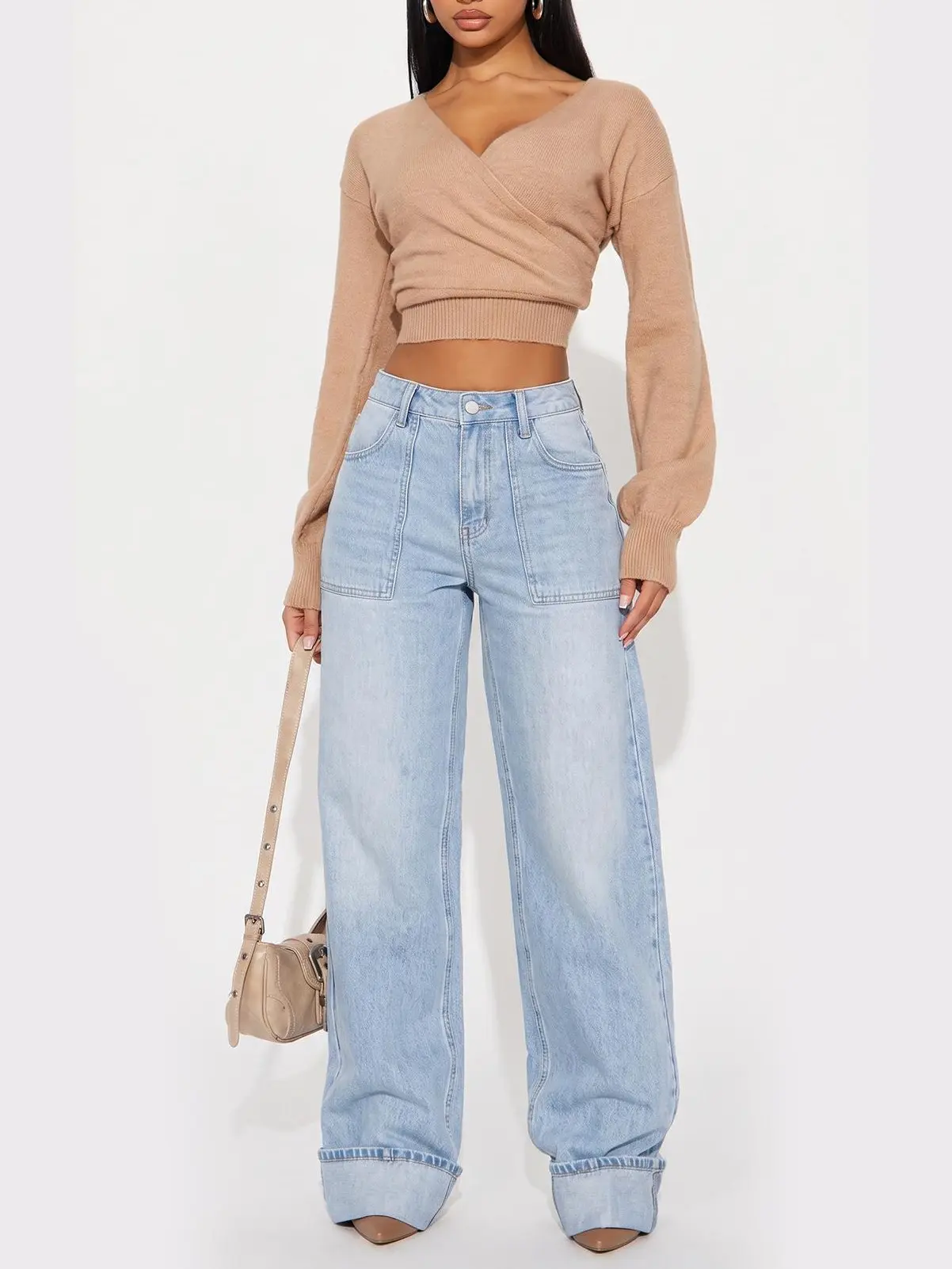 Women’s wide-leg jeans with rolled cuffs, light blue vintage denim, casual loose fit, Y2K style, TK best-selling jeans woman flowyair