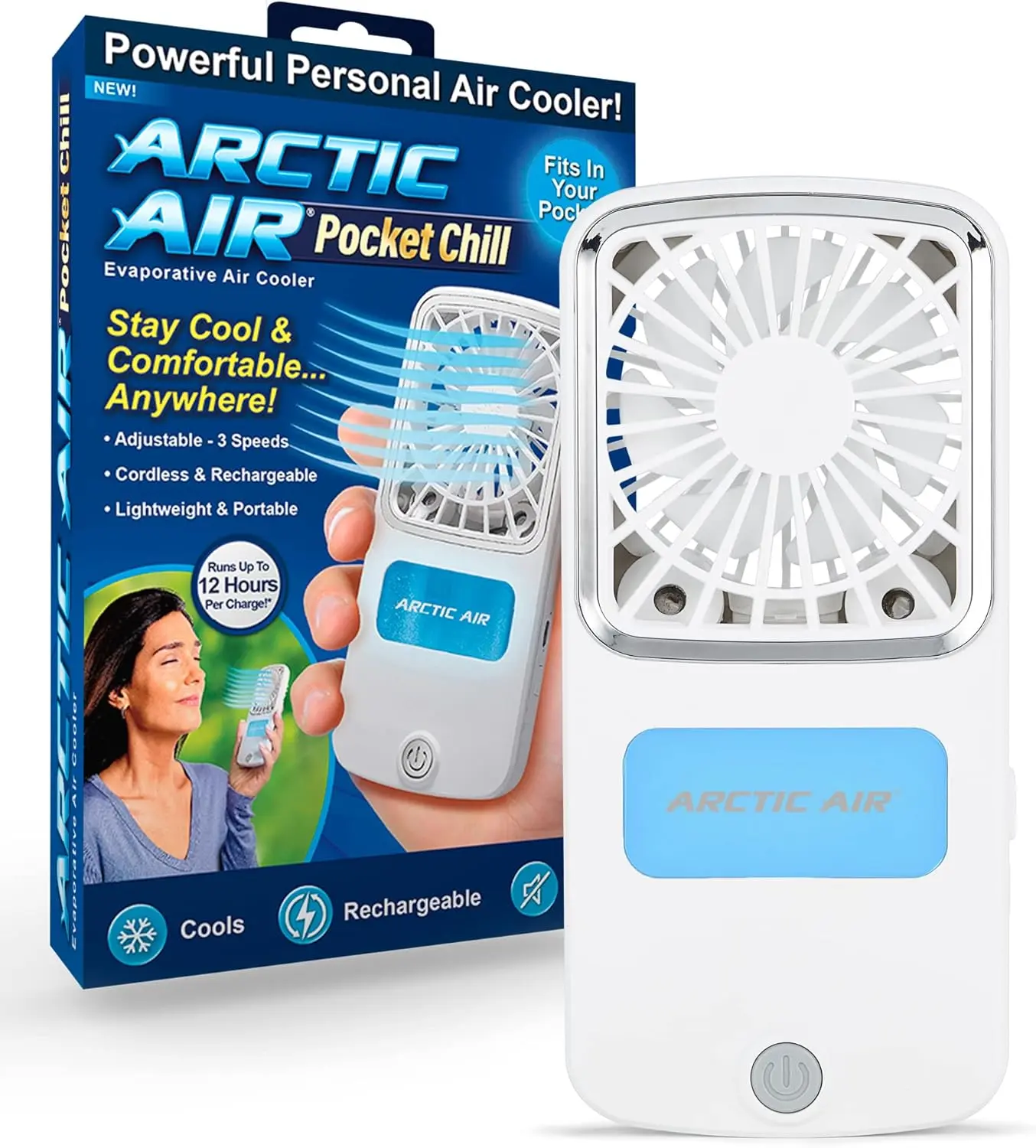 Arctic Air Rechargeable Handheld Portable Fan - Battery-Powered Multi-Speed Personal Air Cooler with Hydro-Chill Technology, Built-in Kickstand, Cordless for Travel, Indoor Use, Battery-Powered Portable Fans, Handheld Portable Fans